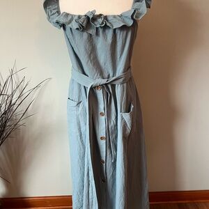 Cupshe Women’s Blue Ruffle Dress 100% Cotton big pockets belted size XXL